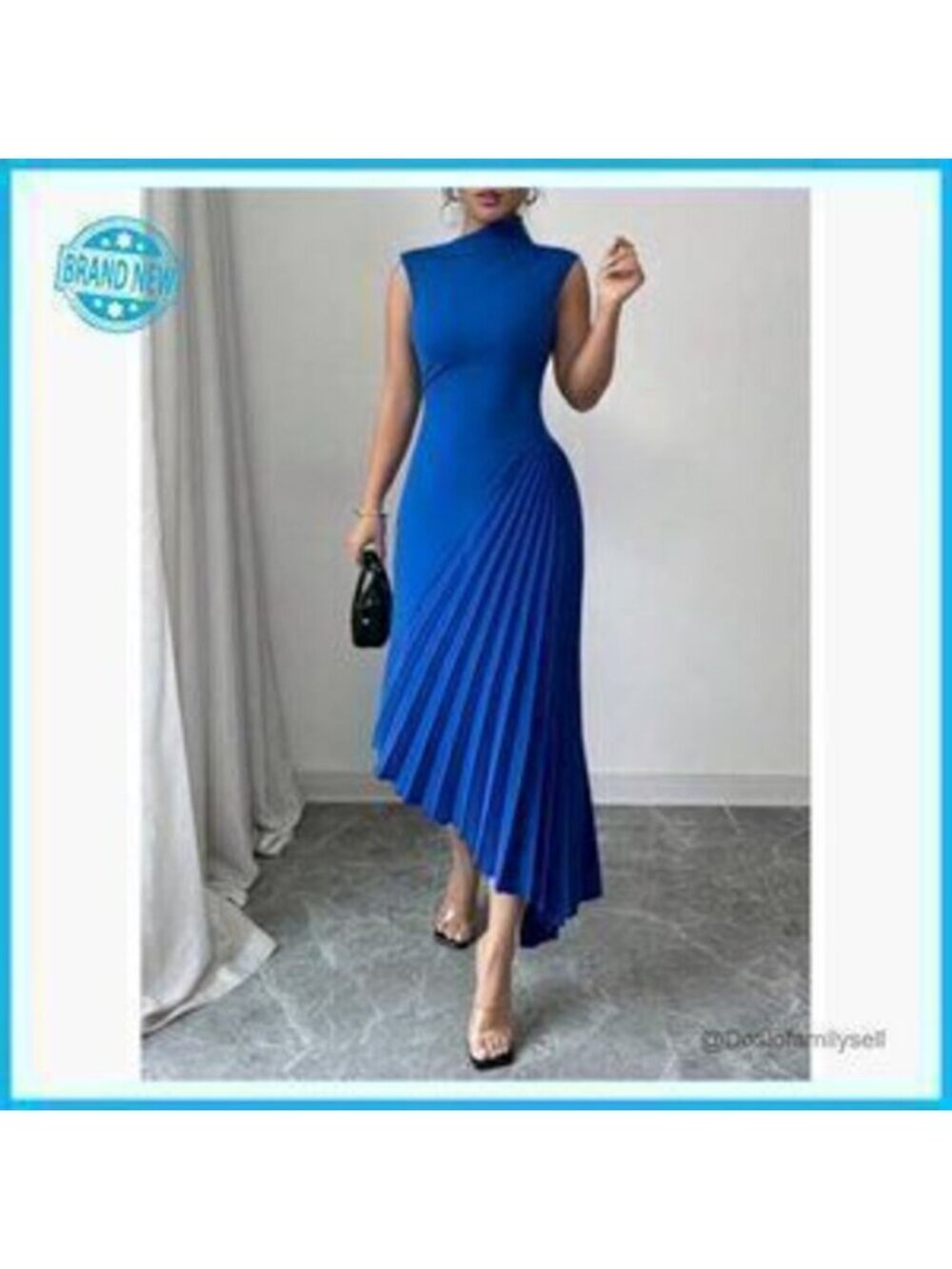 Pleated Maxi Dress Elegant Mock Neck Sleeveless Asymmetrical Cocktail Party - Picture 3 of 3